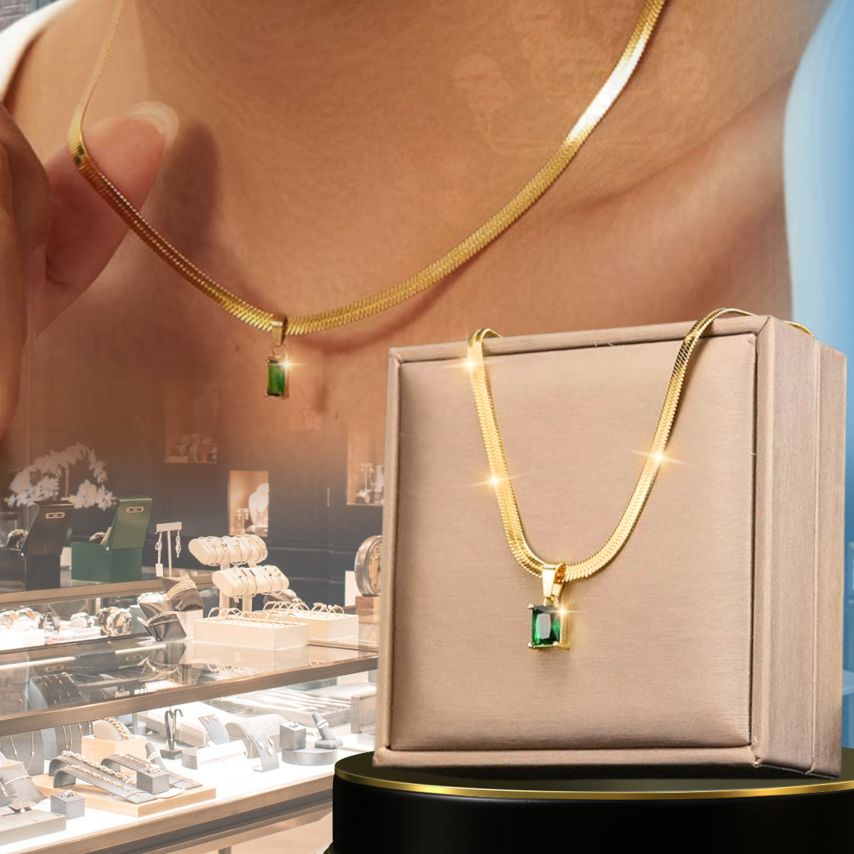 collar color oro con cristal jade